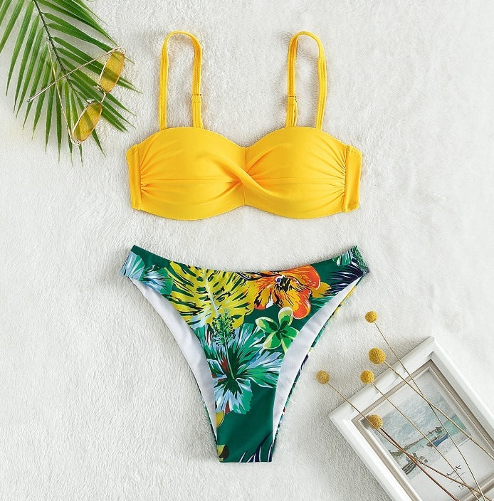 Split Push Up Hard Bag Color Matching Sexy Bikini Swimsuit