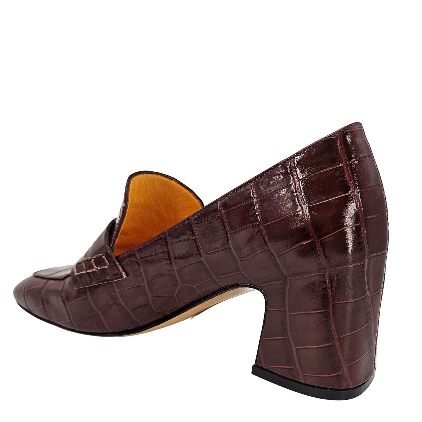 Mocassim em Couro Croco com Salto de Couro Marrom