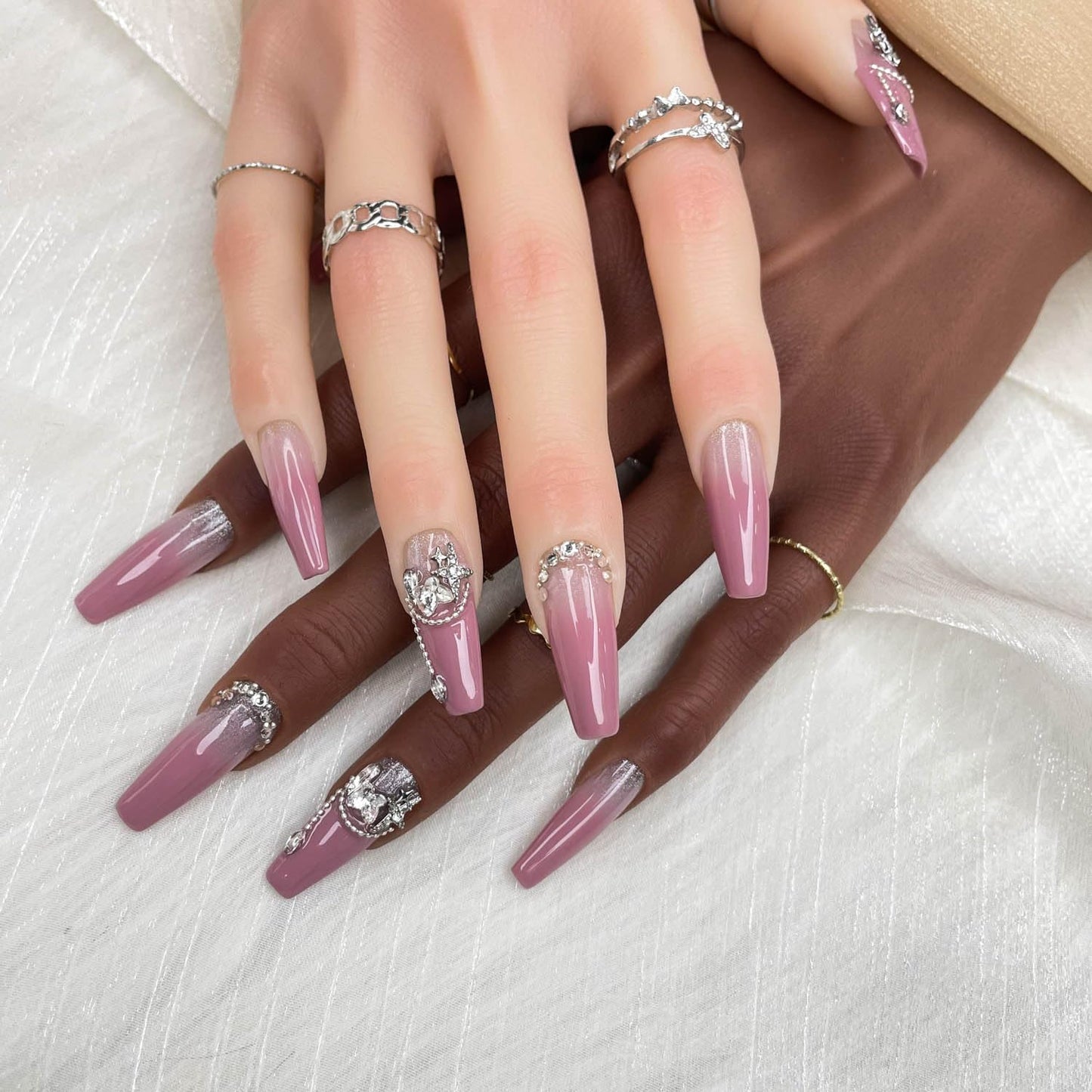 GGDDSHA Unhas Postiças Artesanais, Unhas Postiças de Luxo e Personalizadas 3D Artesanais Reutilizáveis com Acabamento UV, Unhas Pintadas à Mão, Brilho Lavanda