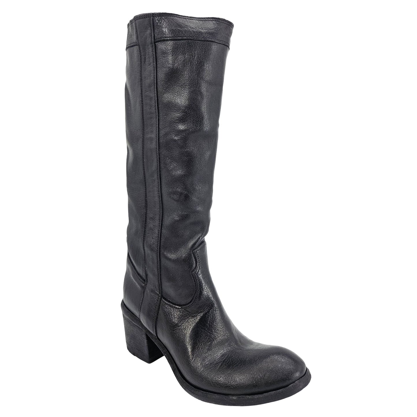Black Leather Knee-High Pull-on Boot