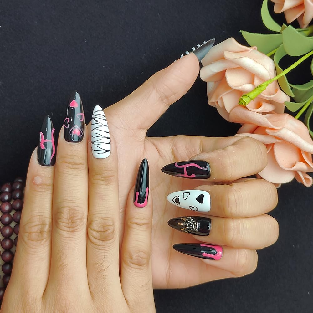GGddsha Dark Series Unhas Postiças Artesanais de Amêndoa Média com Desenhos Pintados à Mão, Reutilizáveis, de Acrílico PMMA com Strass, com Caixa, Presente para Mulheres, Eclipse Sketch