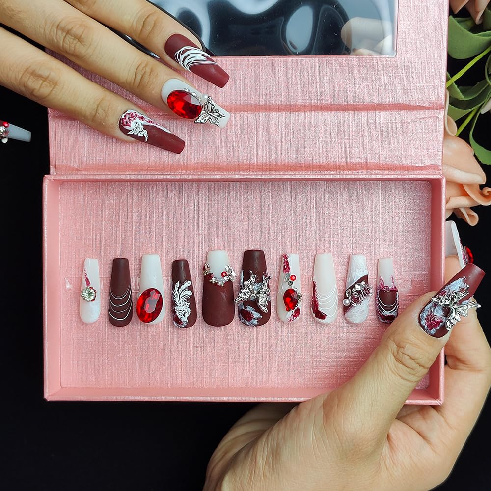 GGddsha Novas Unhas Postiças de Cristal Longas e Brilhantes Com Diamantes Reutilizáveis PMA Unhas Acrílicas Artesanais Completas de Luxo 3D Unhas Falsas de Cristal com Caixa de Presente Para Mulheres, Camurça Escarlate