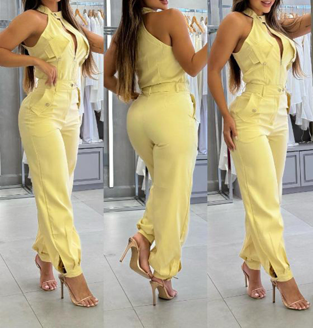 Conjunto de Duas Peças de Top Halter e Calça Casual