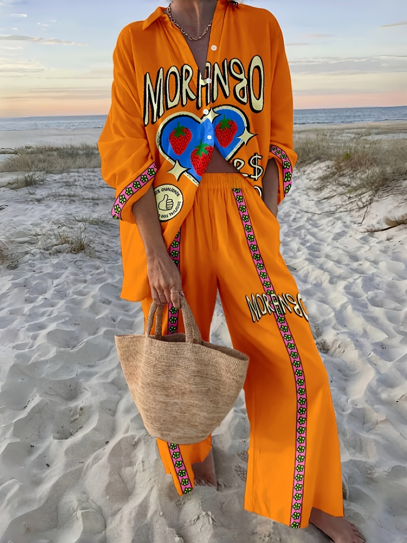 Seaside Tropical Printing Women's Suit Shirt Set