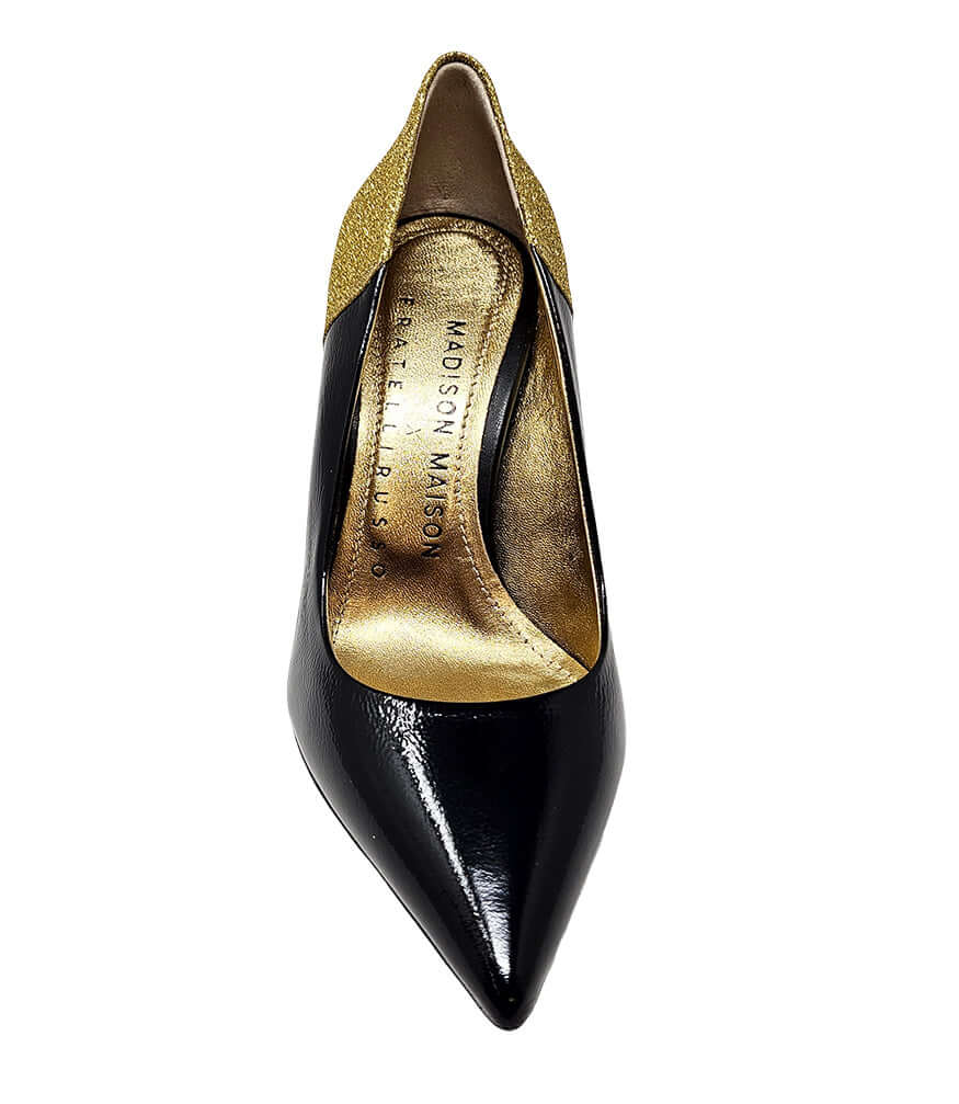 Scarpin Alena Preto/Dourado de Salto Alto com Glitter