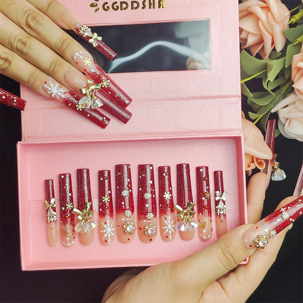 GGddsha Longa Feito à Mão PMMA Unhas Acrílicas Vermelhas Com Floco de Neve Strass Sino Design Reutilizável Cobertura Total Unha Postiça Kit Unha Postiça Feminina, Lumiere Neige