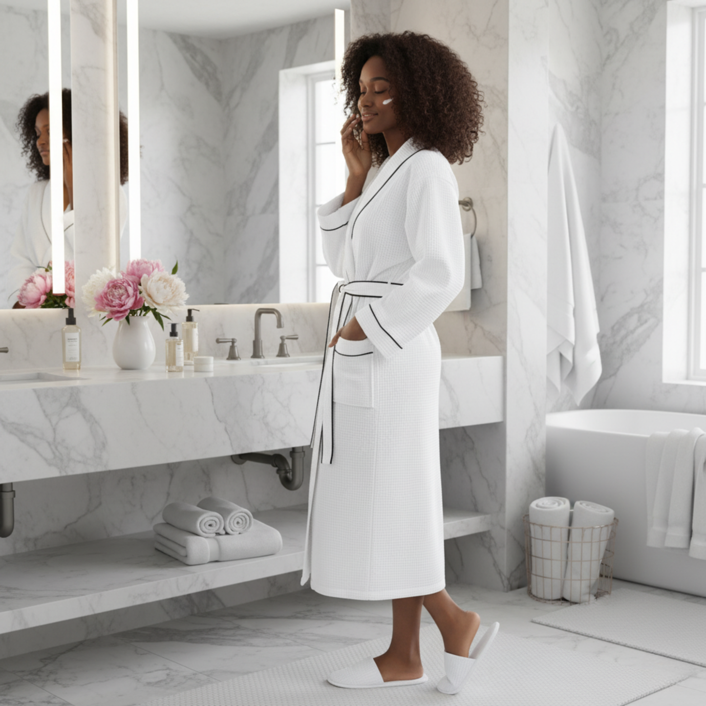 Roupão Feminino de Waffle com Acabamento Contrastante – Leve e Confortável, Estilo Spa