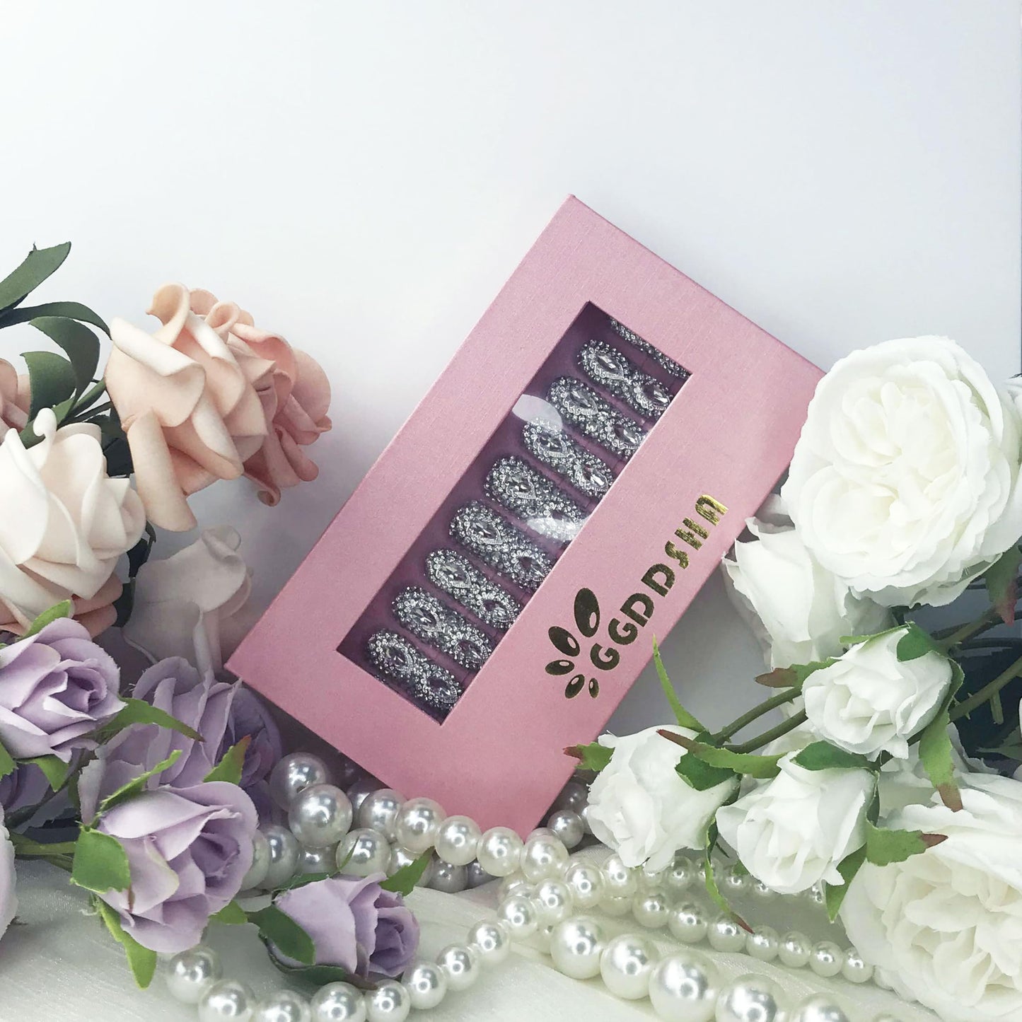 GGddsha Rainha do Estilo Elegante Unhas Longas com Strass Completos Unhas Falsas de Acrílico PMMA Artesanais Luxuosas 3D com Caixa, Presente para Mulheres, Divindade de Luxo