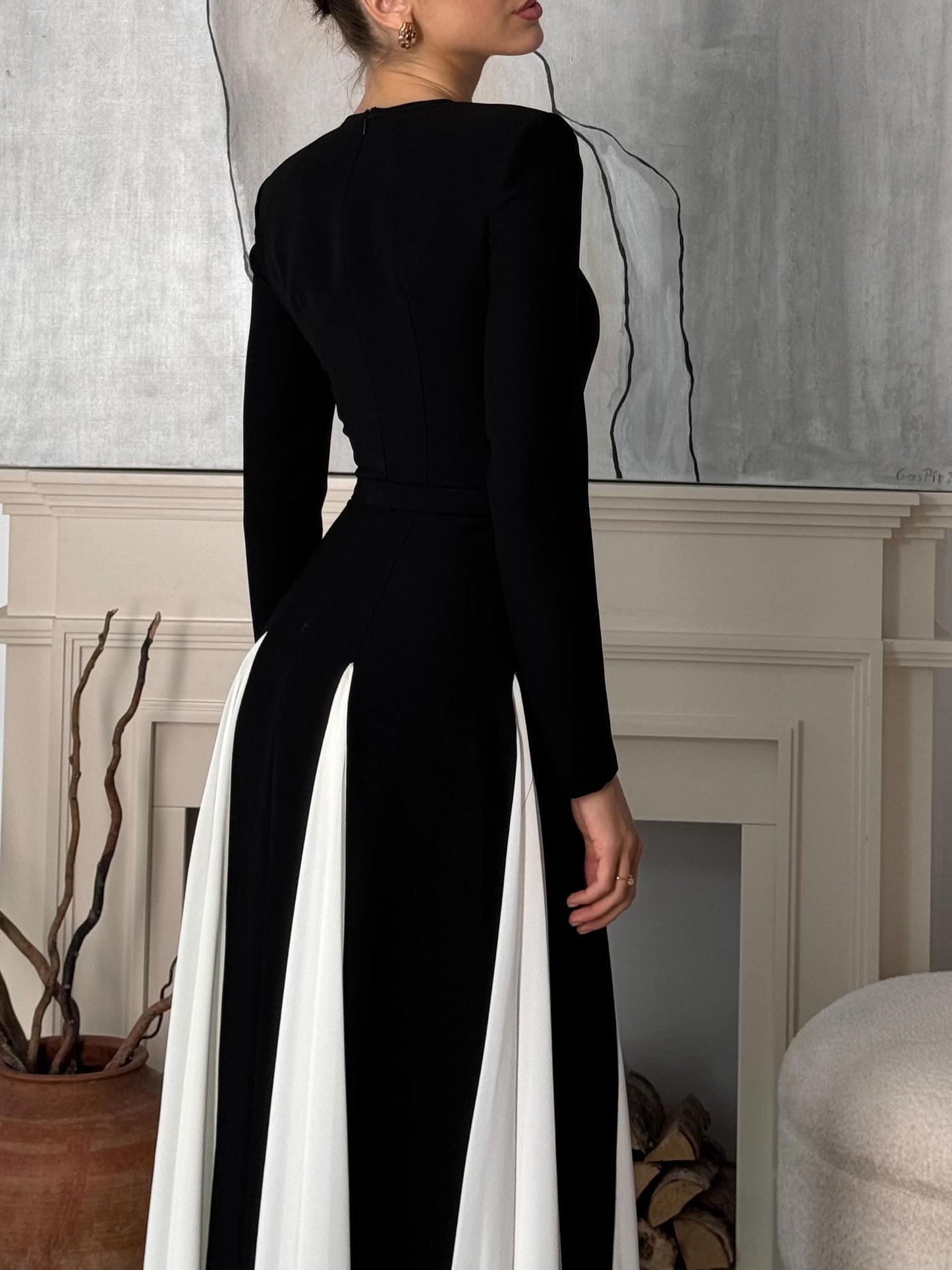 Vestido Maxi de Manga Longa com Patchwork Preto e Branco