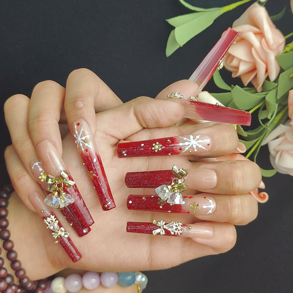 GGddsha Longa Feito à Mão PMMA Unhas Acrílicas Vermelhas Com Floco de Neve Strass Sino Design Reutilizável Cobertura Total Unha Postiça Kit Unha Postiça Feminina, Lumiere Neige