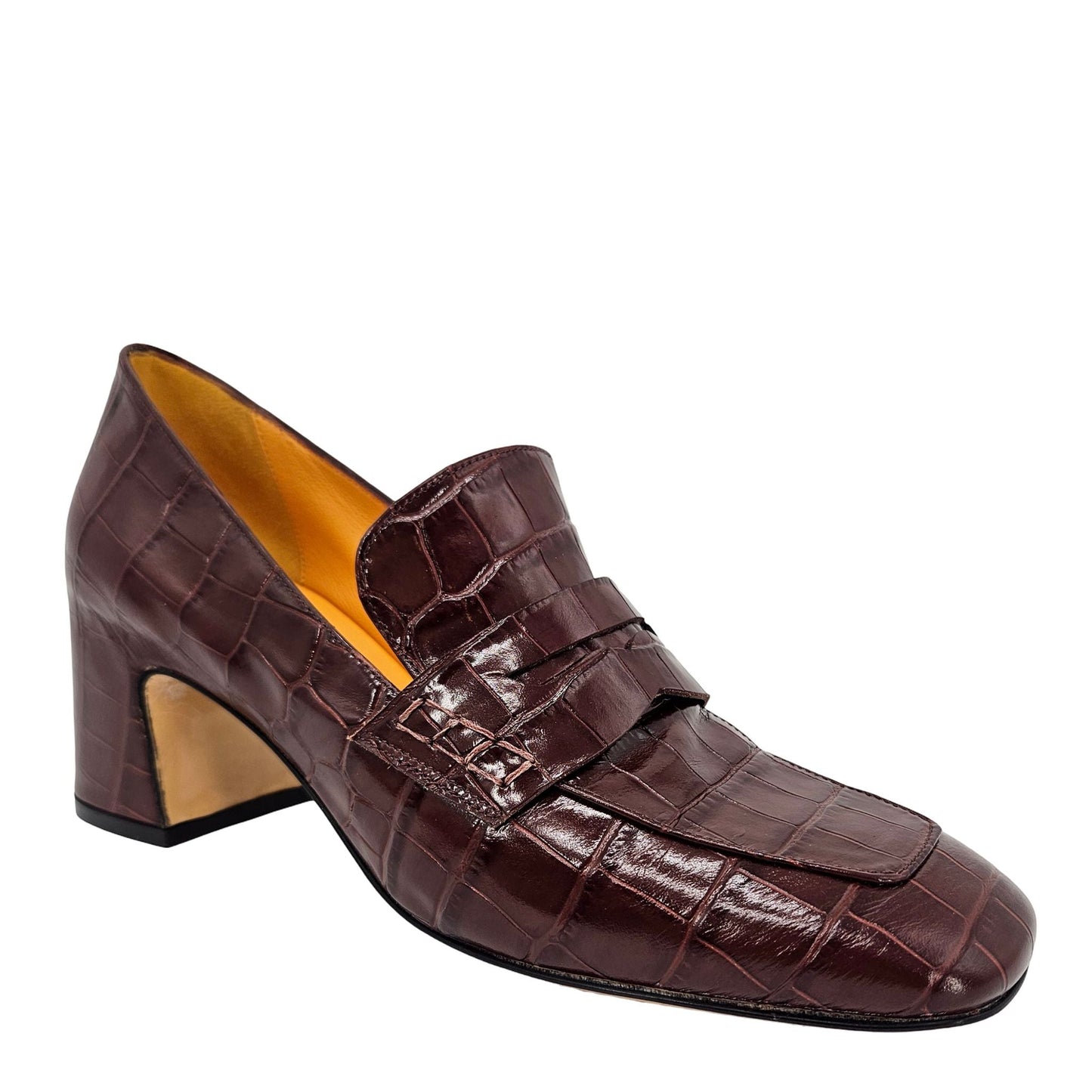 Mocassim em Couro Croco com Salto de Couro Marrom