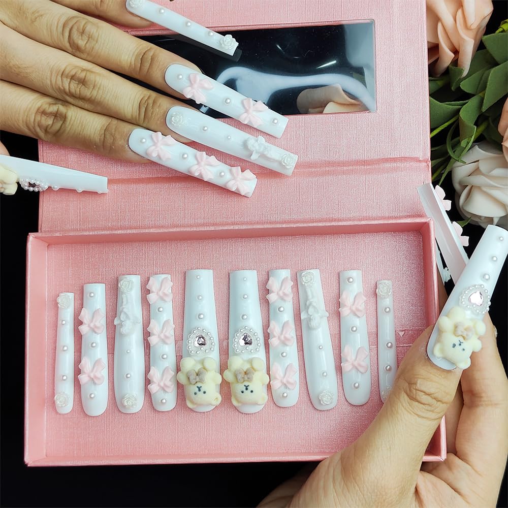 GGddsha Unhas Brancas Longas Com Design De Laço De Urso Rosa Fofo, Unhas Reutilizáveis De Acrílico PMMA Feitas À Mão, Unhas Falsas 3D Completas De Luxo Com Pérolas, Com Caixa, Presente Para Mulheres, Blanc Cherie