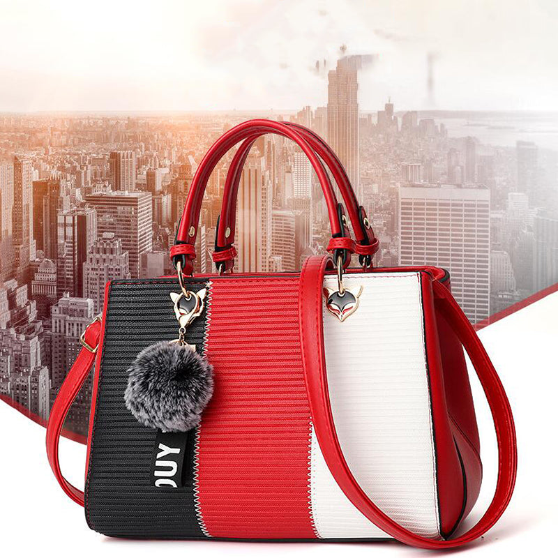 Bolsas de mão femininas com pingentes de bolas de pelo, bolsas de festa em patchwork, bolsas de ombro transversais para mulheres