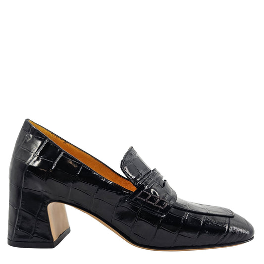 Mocassim Loafer em Couro Croco Salto Couro Preto