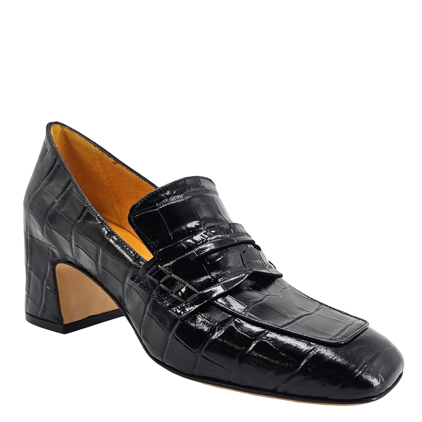 Mocassim Loafer em Couro Croco Salto Couro Preto