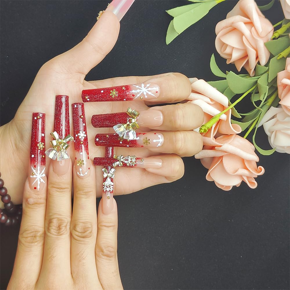 GGddsha Longa Feito à Mão PMMA Unhas Acrílicas Vermelhas Com Floco de Neve Strass Sino Design Reutilizável Cobertura Total Unha Postiça Kit Unha Postiça Feminina, Lumiere Neige