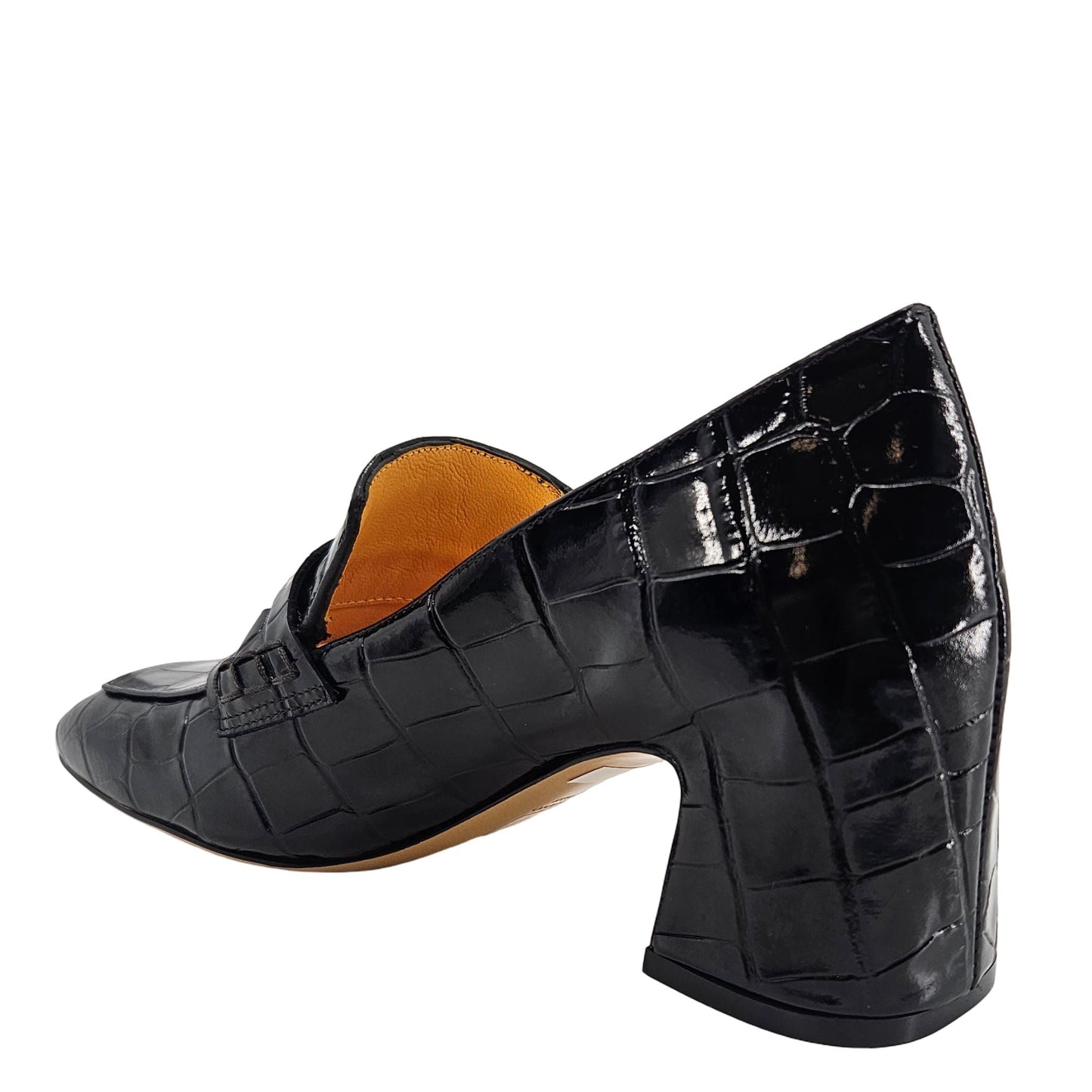 Mocassim Loafer em Couro Croco Salto Couro Preto