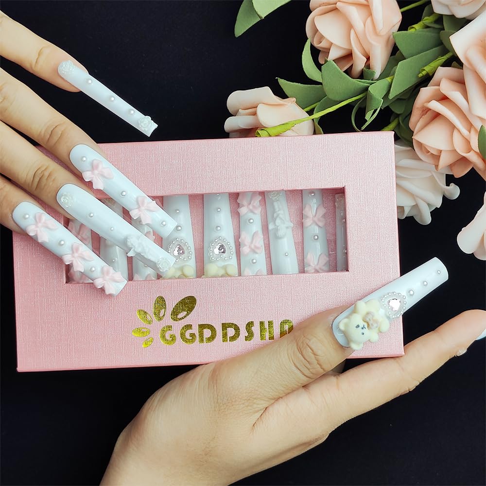 GGddsha Unhas Brancas Longas Com Design De Laço De Urso Rosa Fofo, Unhas Reutilizáveis De Acrílico PMMA Feitas À Mão, Unhas Falsas 3D Completas De Luxo Com Pérolas, Com Caixa, Presente Para Mulheres, Blanc Cherie
