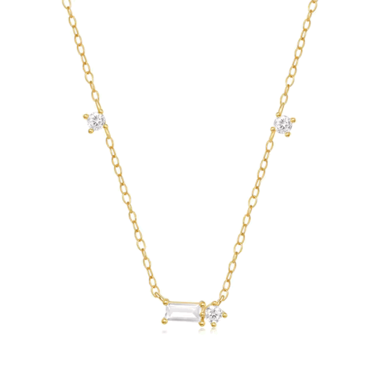 Colar Delicado Starluxe com Três Pedras Zircônia Cúbica de Lapidação Redonda e Uma de Lapidação Esmeralda - Colar Sonho de Cristal