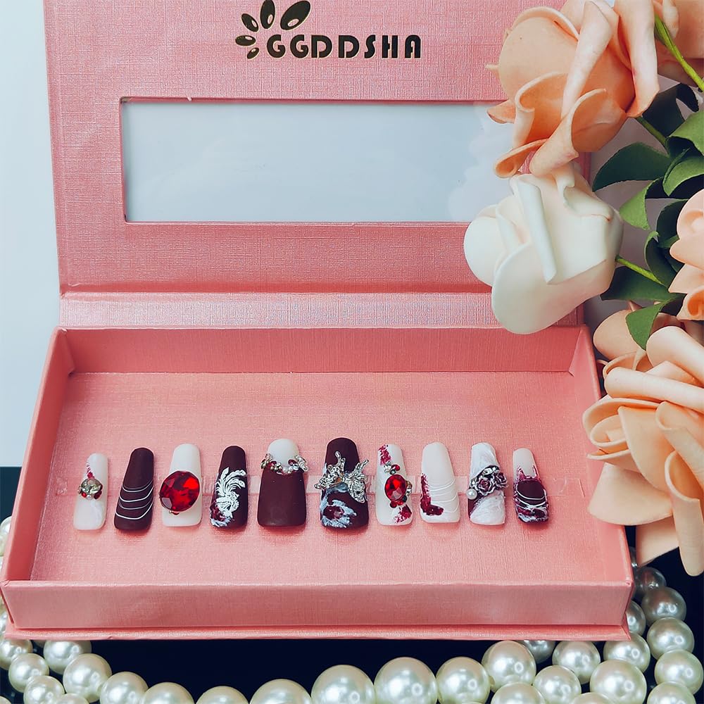 GGddsha Novas Unhas Postiças de Cristal Longas e Brilhantes Com Diamantes Reutilizáveis PMA Unhas Acrílicas Artesanais Completas de Luxo 3D Unhas Falsas de Cristal com Caixa de Presente Para Mulheres, Camurça Escarlate