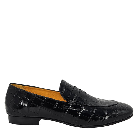 Mocassim de Couro Preto com Efeito Croco