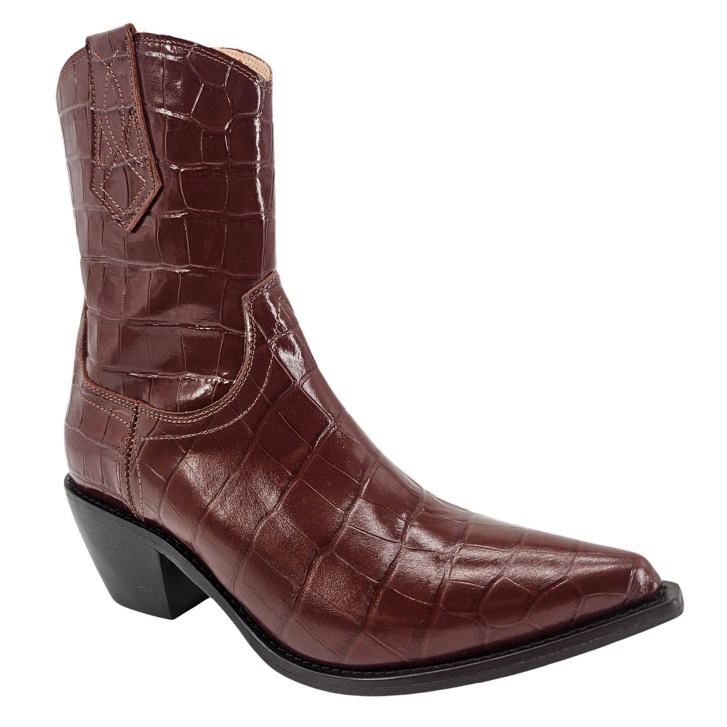 Bota de Couro Marrom Chocolate com Textura Croco e Bico Fino