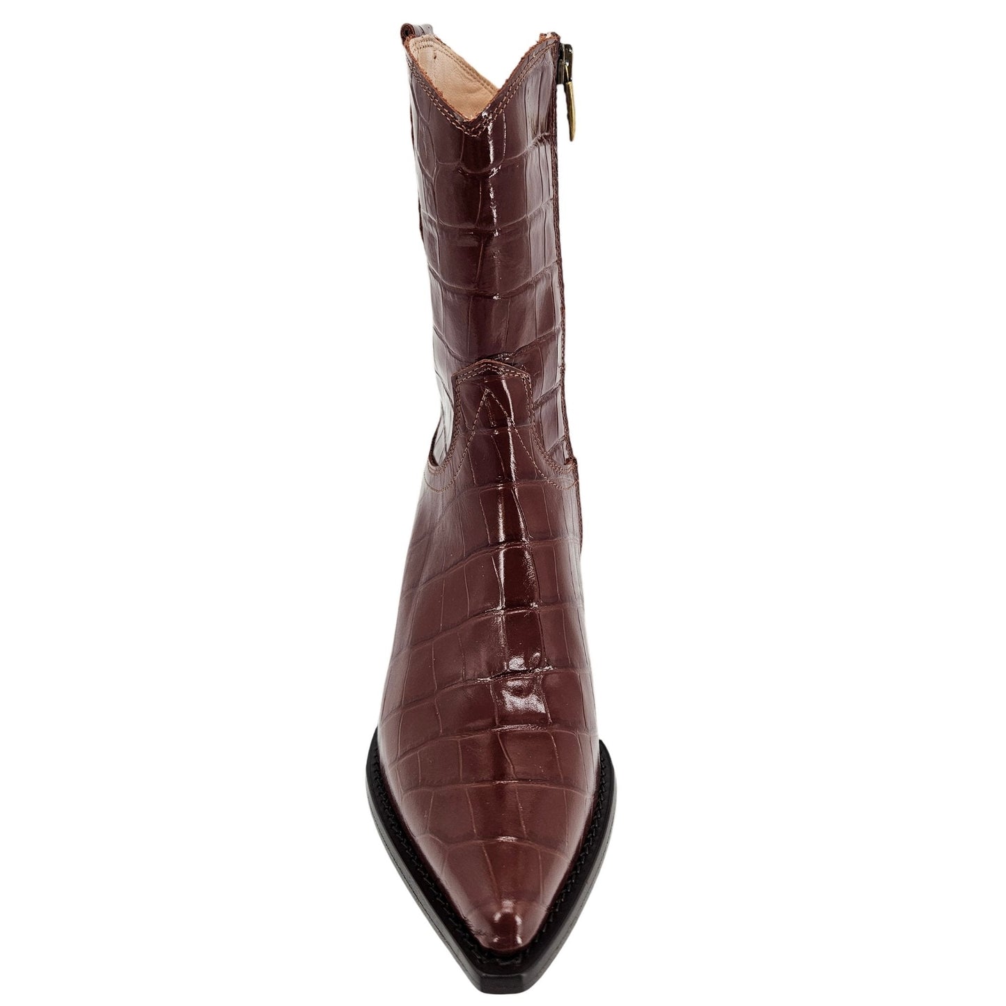 Bota de Couro Marrom Chocolate com Textura Croco e Bico Fino