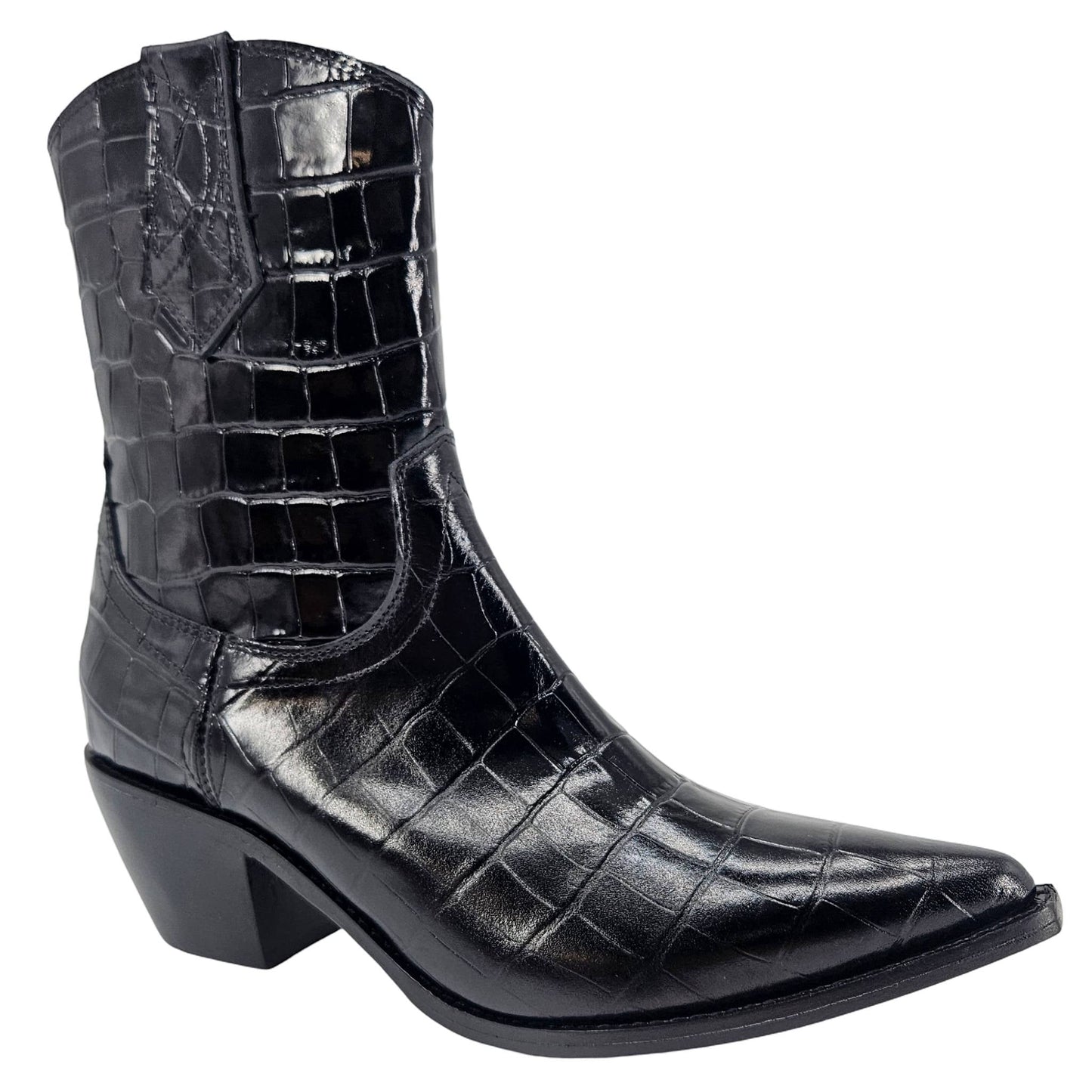 Bota de tornozelo pontuda de couro preto com relevo crocodilo