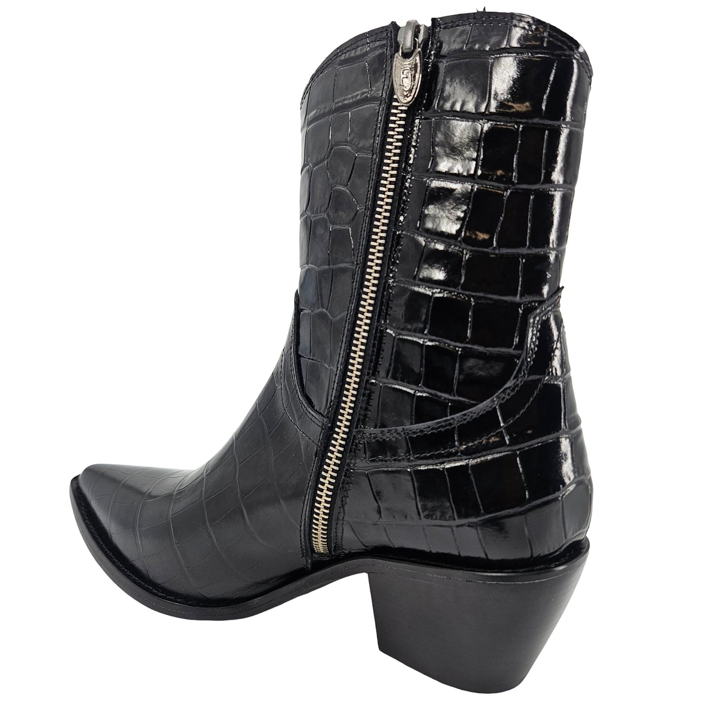 Bota de tornozelo pontuda de couro preto com relevo crocodilo