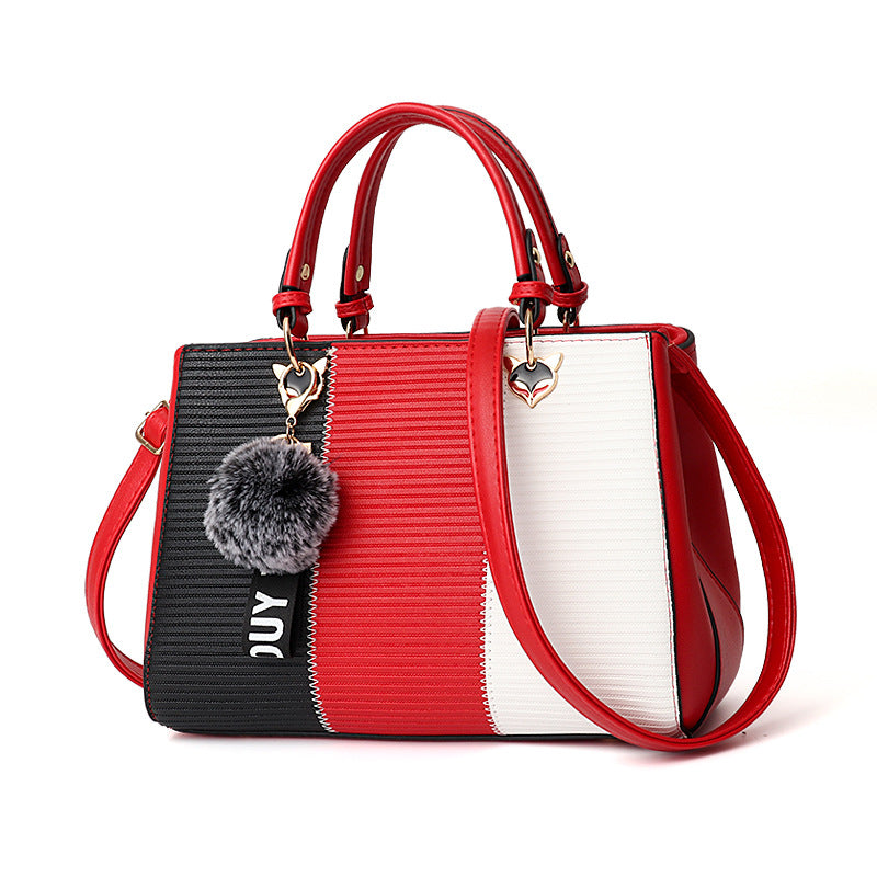 Bolsas de mão femininas com pingentes de bolas de pelo, bolsas de festa em patchwork, bolsas de ombro transversais para mulheres