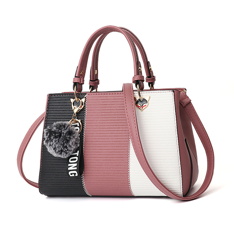 Bolsas de mão femininas com pingentes de bolas de pelo, bolsas de festa em patchwork, bolsas de ombro transversais para mulheres