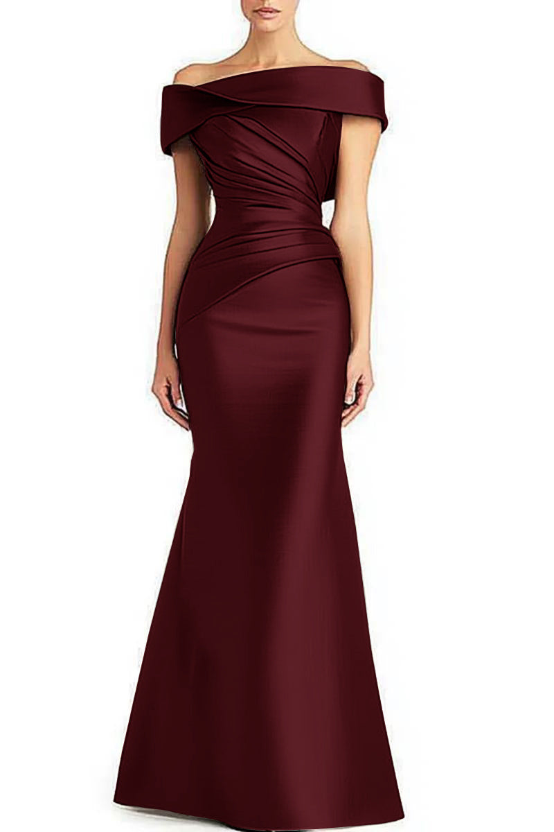 Vestido de Noite Formal Plissado Ombro a Ombro Elegante Maxi Vestido de Mãe da Noiva