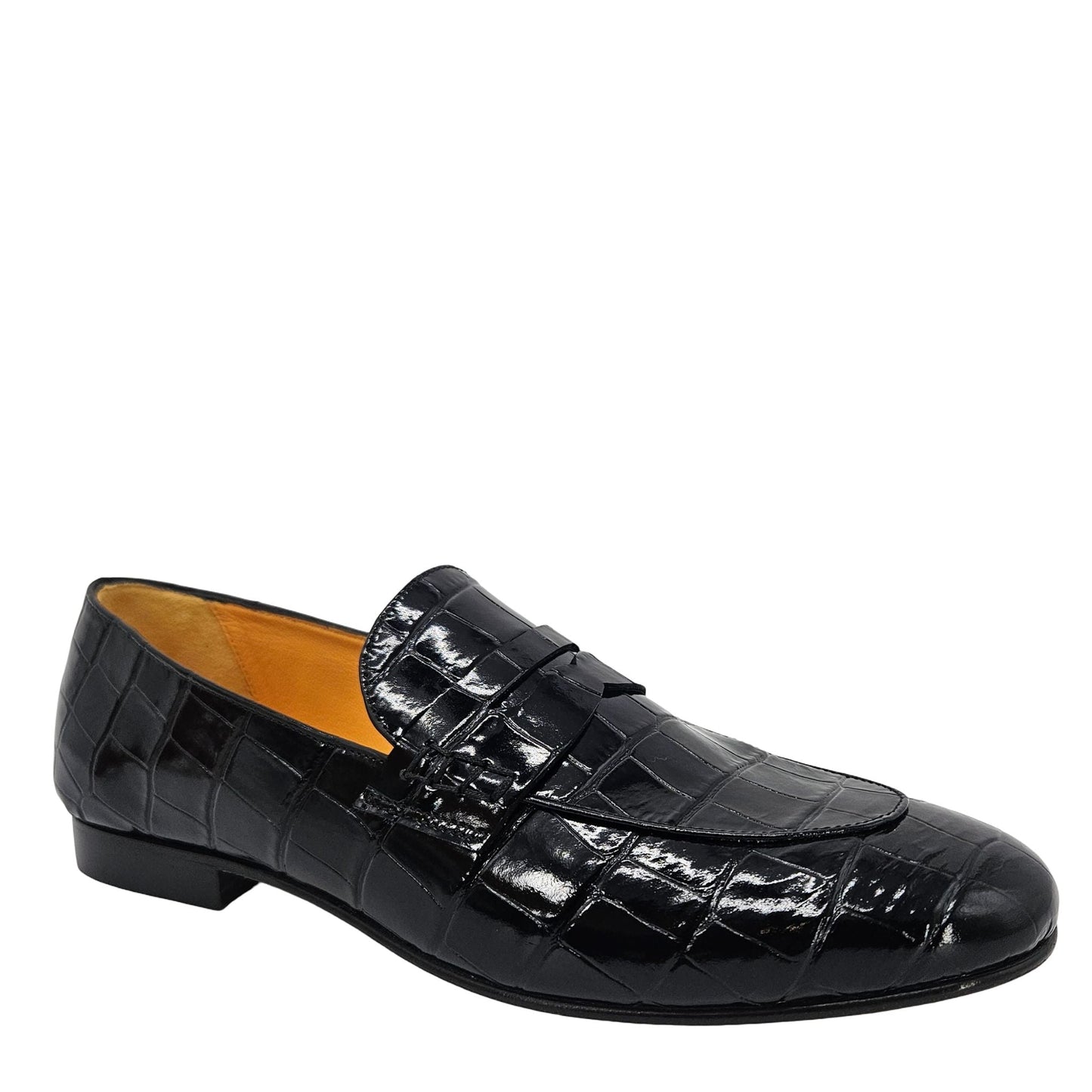 Mocassim de Couro Preto com Efeito Croco