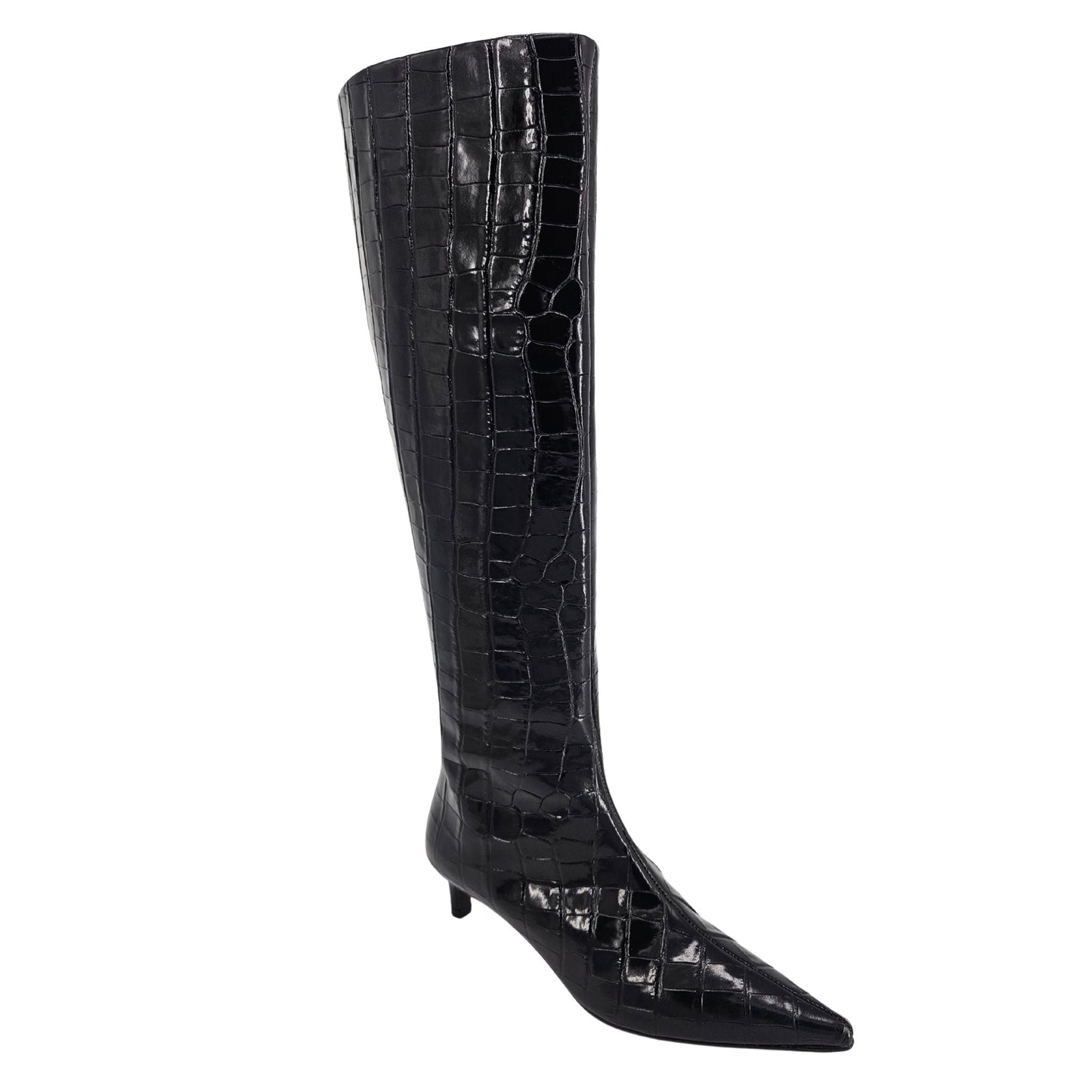 Bota Preta de Bico Fino de Crocodilo, Cano Alto e Salto Baixo