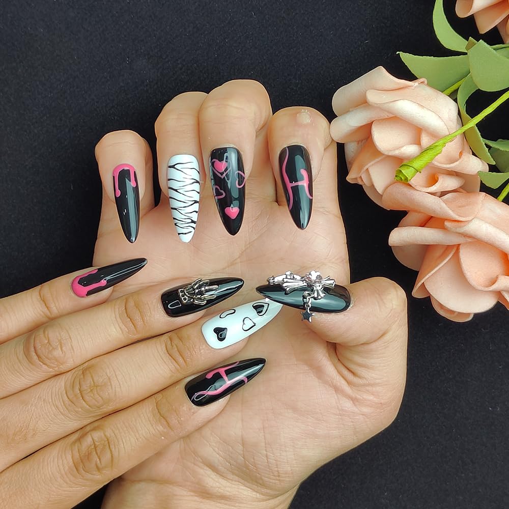 GGddsha Dark Series Unhas Postiças Artesanais de Amêndoa Média com Desenhos Pintados à Mão, Reutilizáveis, de Acrílico PMMA com Strass, com Caixa, Presente para Mulheres, Eclipse Sketch