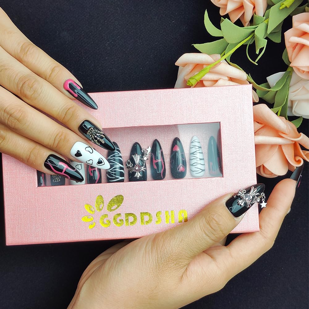 GGddsha Dark Series Unhas Postiças Artesanais de Amêndoa Média com Desenhos Pintados à Mão, Reutilizáveis, de Acrílico PMMA com Strass, com Caixa, Presente para Mulheres, Eclipse Sketch