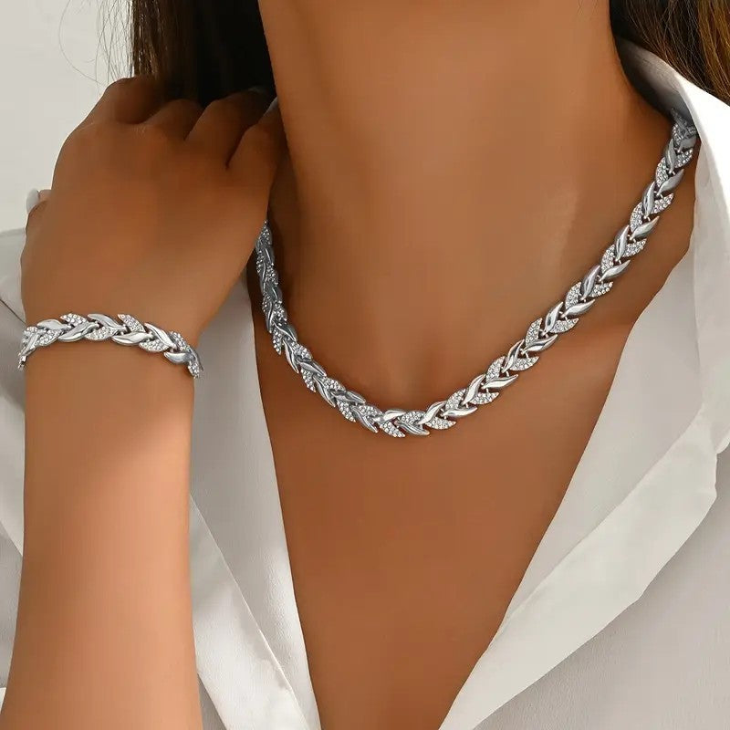 Conjunto de Colar e Pulseira Folha de Vidro 2 Peças Elegante com Strass para Mulheres Conjunto de Joias Luxuosas da Moda
