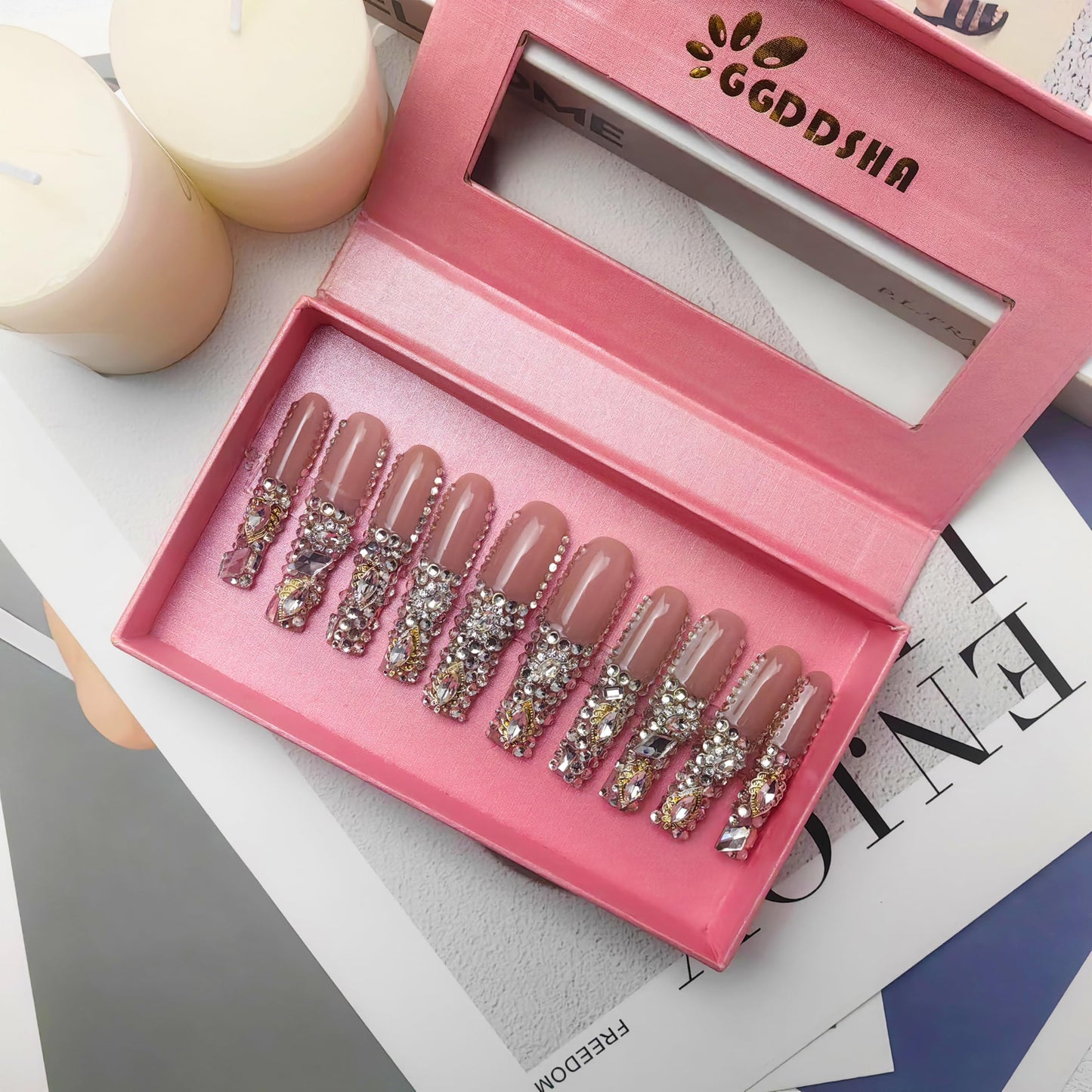 GGddsha Unhas Postiças de Acrílico PMMA New Deslumbrantes, Unhas Postiças de Strass, Unhas Postiças Gradiente com Strass BrilhantesCascata de Cristais