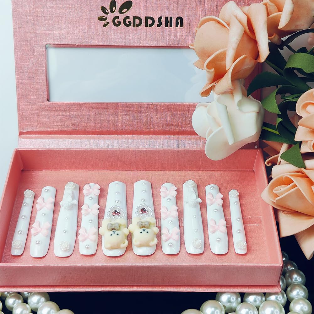 GGddsha Unhas Brancas Longas Com Design De Laço De Urso Rosa Fofo, Unhas Reutilizáveis De Acrílico PMMA Feitas À Mão, Unhas Falsas 3D Completas De Luxo Com Pérolas, Com Caixa, Presente Para Mulheres, Blanc Cherie