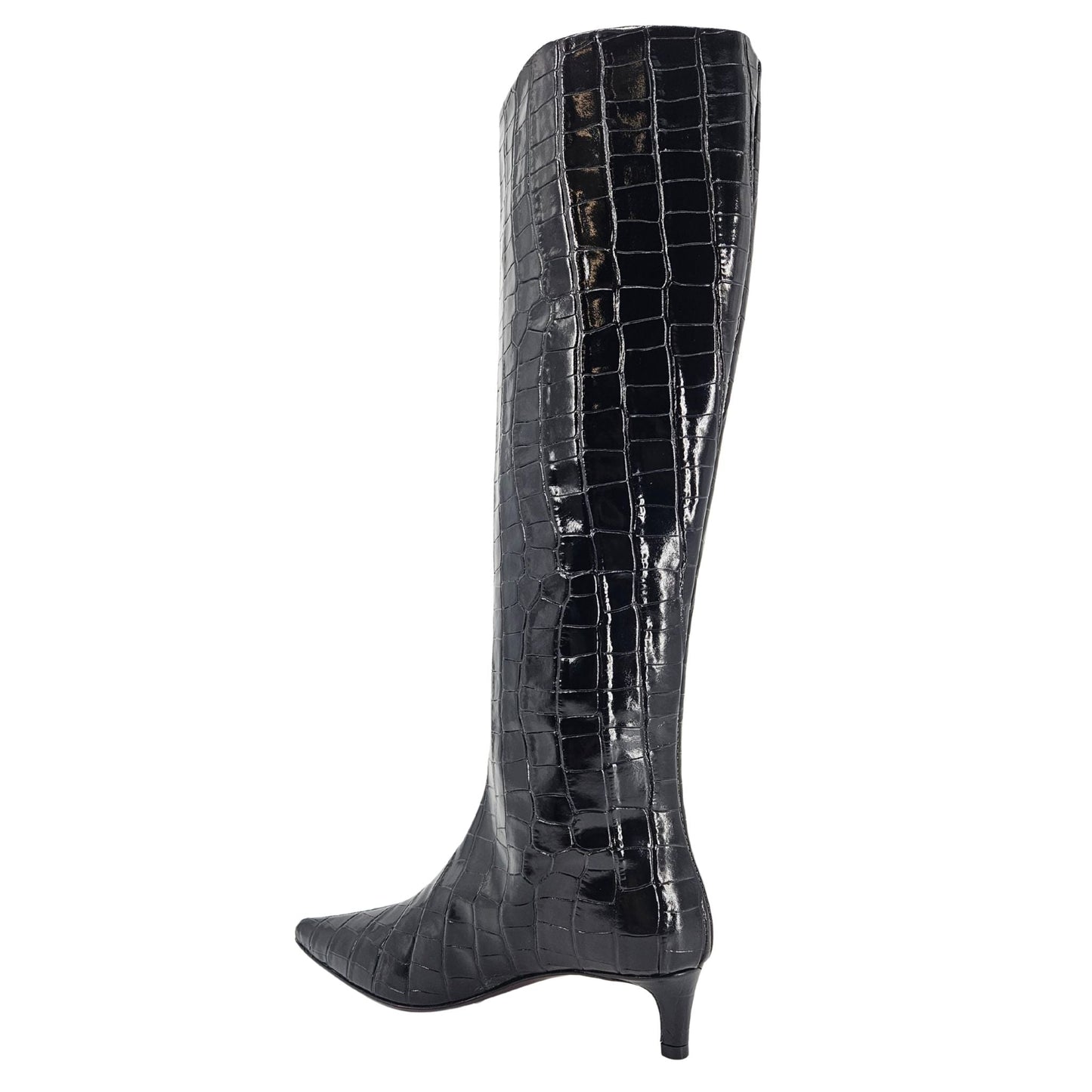 Bota Preta de Bico Fino de Crocodilo, Cano Alto e Salto Baixo