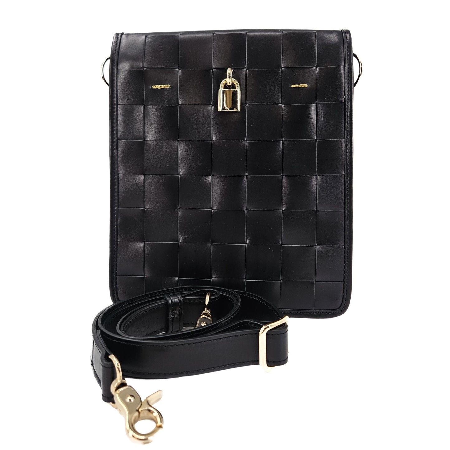 Bolsa Transversal de Couro Entrelaçado Preto