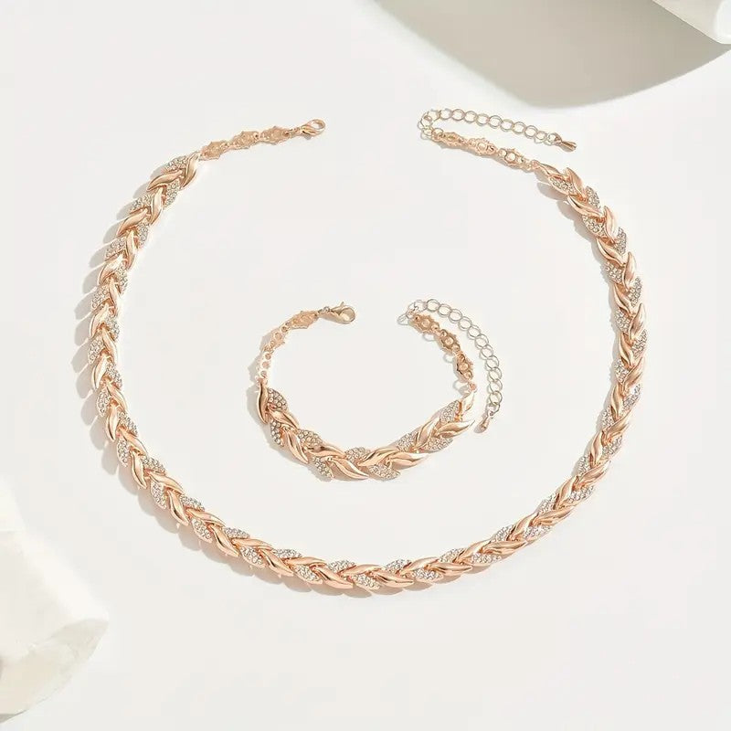 Conjunto de Colar e Pulseira Folha de Vidro 2 Peças Elegante com Strass para Mulheres Conjunto de Joias Luxuosas da Moda