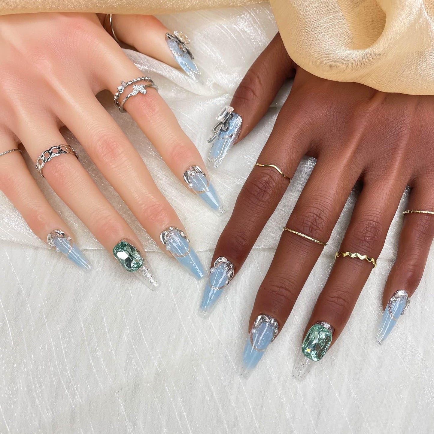GGDDSHA Unhas Postiças Artesanais, Unhas Postiças de Luxo e Personalizadas 3D Artesanais Reutilizáveis com Acabamento UV, Unhas Pintadas à Mão, Nebulosa Brilhante