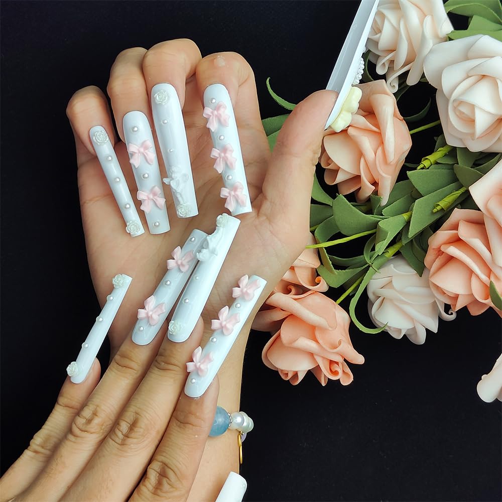 GGddsha Unhas Brancas Longas Com Design De Laço De Urso Rosa Fofo, Unhas Reutilizáveis De Acrílico PMMA Feitas À Mão, Unhas Falsas 3D Completas De Luxo Com Pérolas, Com Caixa, Presente Para Mulheres, Blanc Cherie