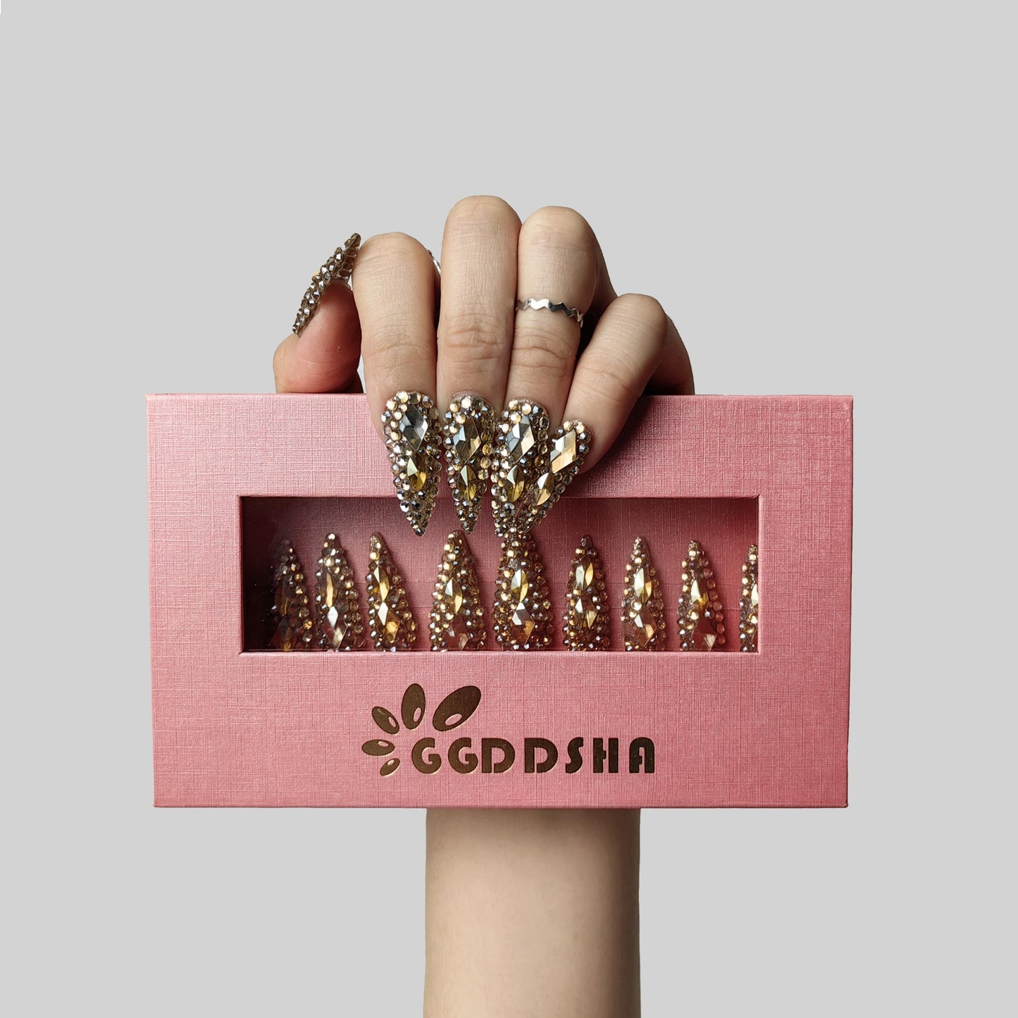 GGddsha Full Diamond Medium Almond Press On Nails Reutilizáveis PMMA Acrílico Unhas Artesanais Deluxo 3D Cristal Unhas Postiças com Caixa de Presente Para Mulheres, Coroa de Joias