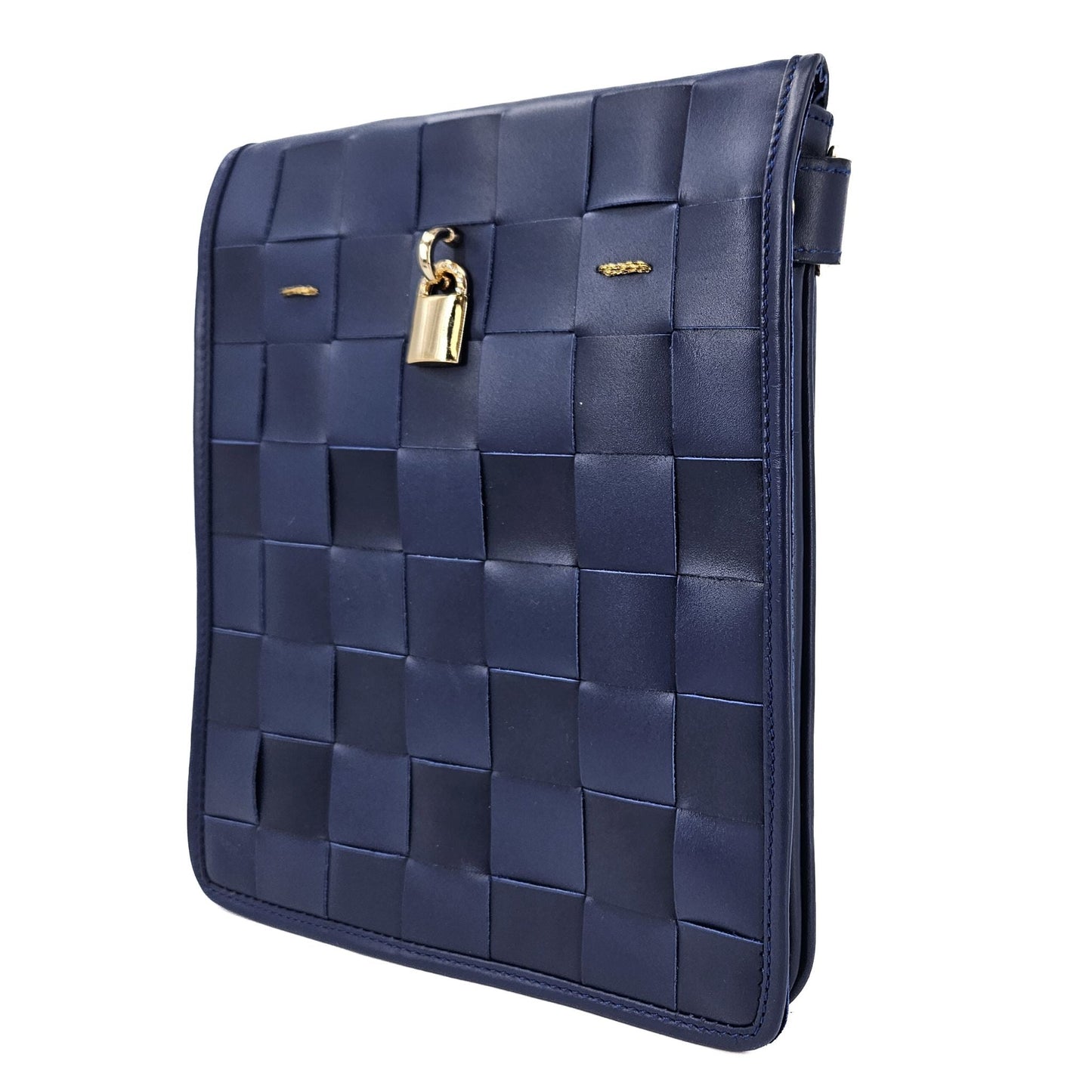 Bolsa Transversal de Couro Entrelaçado Azul Marinho