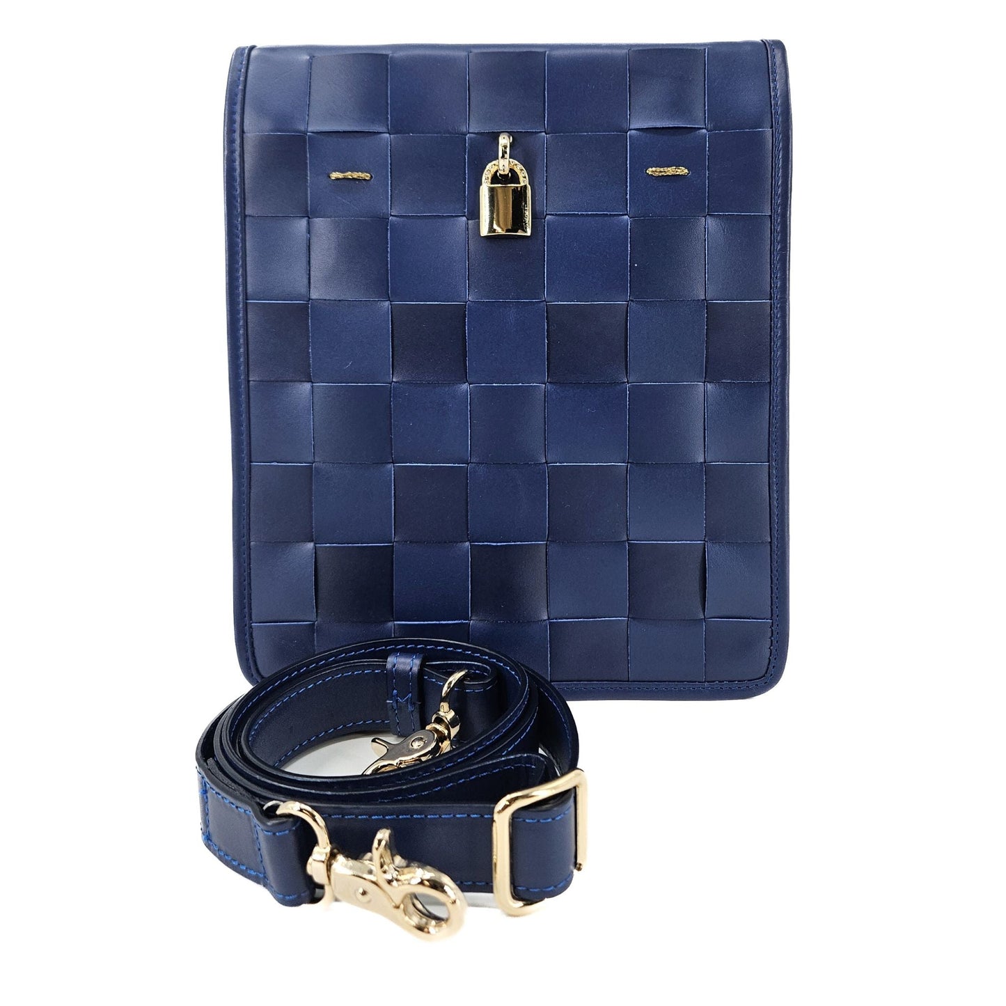 Bolsa Transversal de Couro Entrelaçado Azul Marinho
