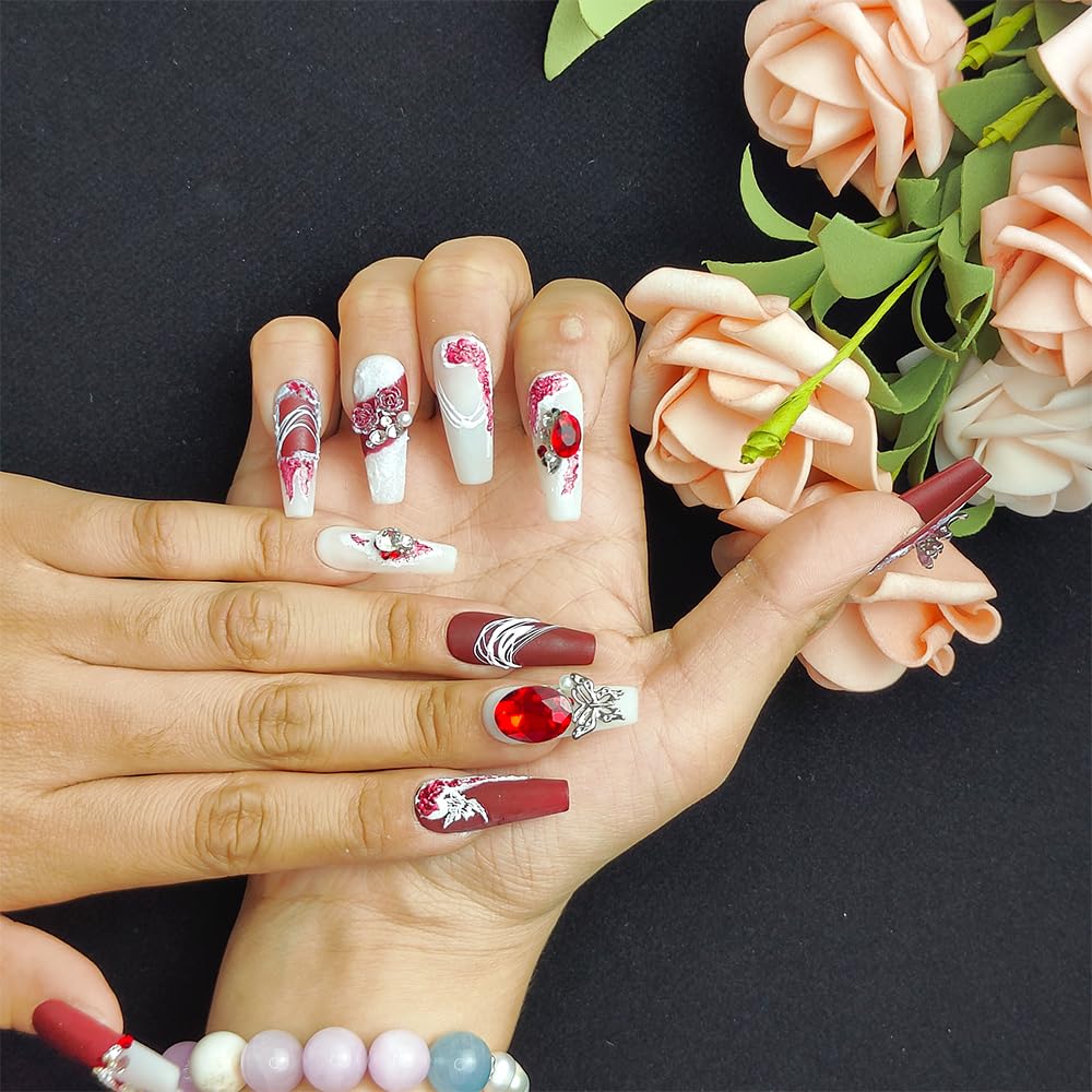 GGddsha Novas Unhas Postiças de Cristal Longas e Brilhantes Com Diamantes Reutilizáveis PMA Unhas Acrílicas Artesanais Completas de Luxo 3D Unhas Falsas de Cristal com Caixa de Presente Para Mulheres, Camurça Escarlate