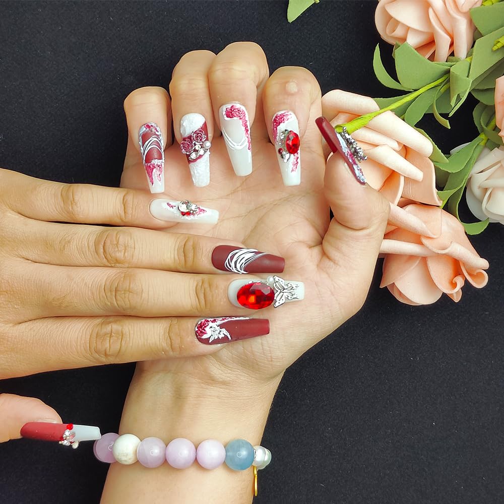 GGddsha Novas Unhas Postiças de Cristal Longas e Brilhantes Com Diamantes Reutilizáveis PMA Unhas Acrílicas Artesanais Completas de Luxo 3D Unhas Falsas de Cristal com Caixa de Presente Para Mulheres, Camurça Escarlate