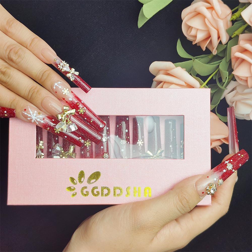GGddsha Longa Feito à Mão PMMA Unhas Acrílicas Vermelhas Com Floco de Neve Strass Sino Design Reutilizável Cobertura Total Unha Postiça Kit Unha Postiça Feminina, Lumiere Neige